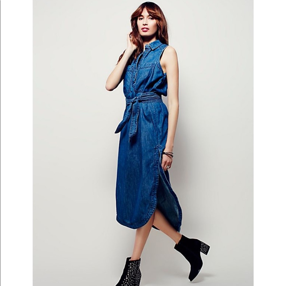 Free People Cecilia denim Maxi shirt dress Small